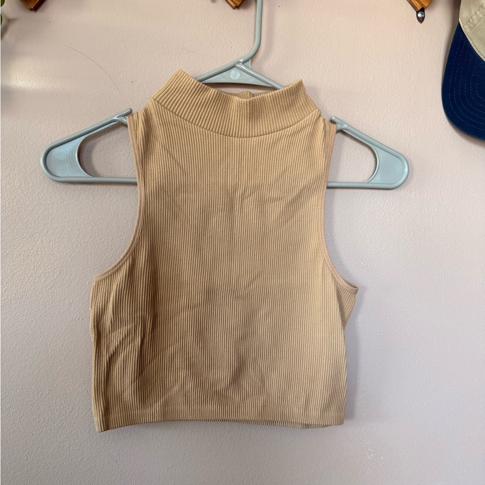 Love Tree Stretch Ribbed Crop Top - Tan